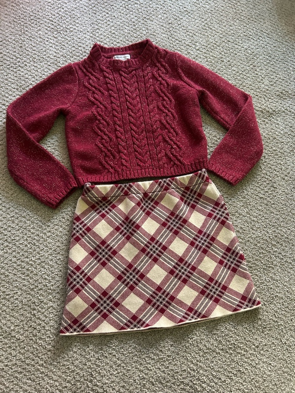 Sparkle Cable-Knit Burgundy Sweater & Plaid Skirt Set